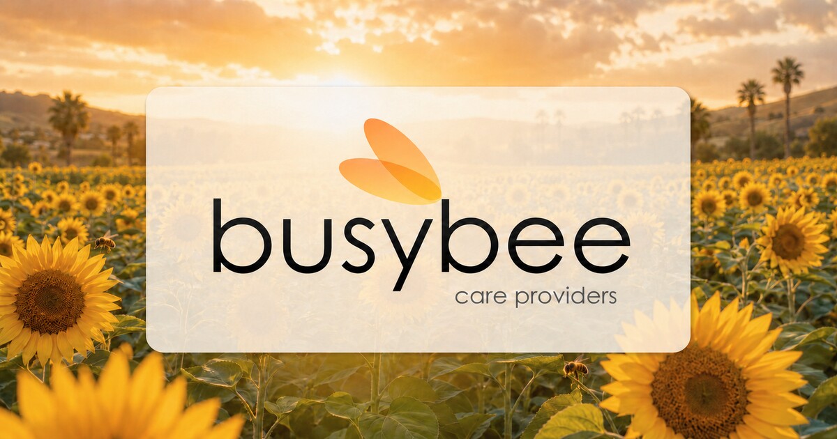 The Busy Bee Care Providers logo over a hopeful sunflower field at golden hour.