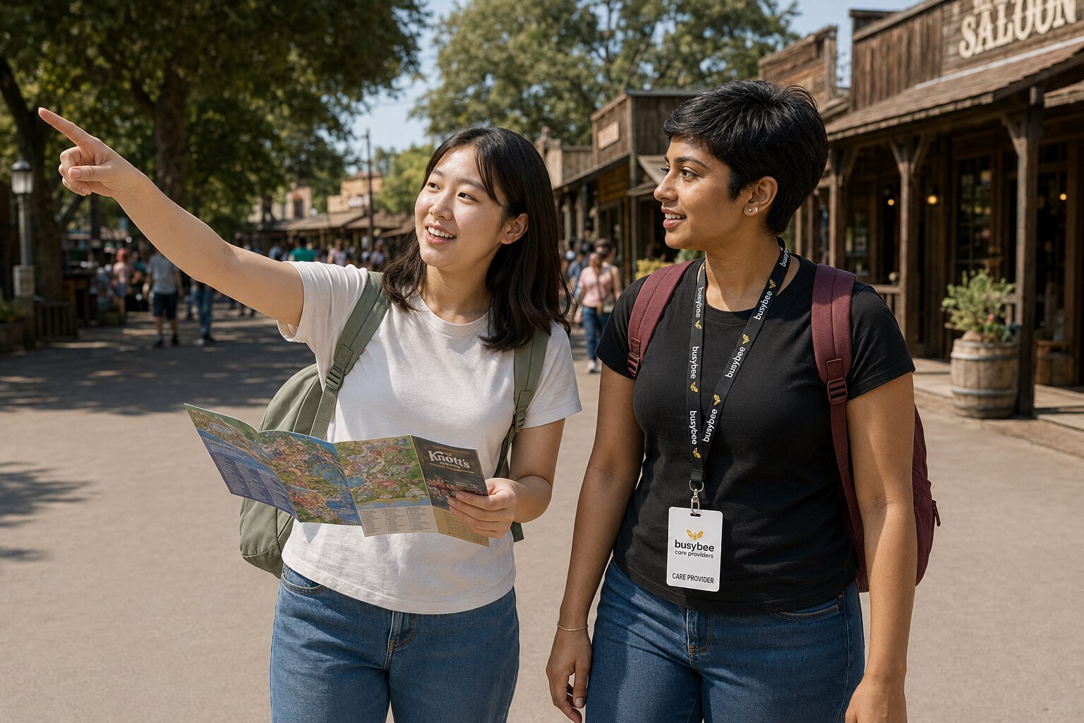 An adult choosing a destination from a Knott's Berry Farm map during a community outing with a Busy Bee respite provider.