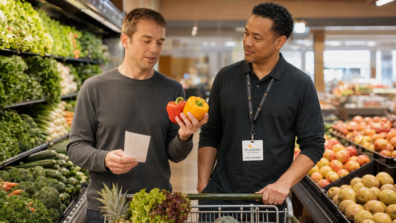 An adult comparing produce during a grocery outing with a Busy Bee respite provider.